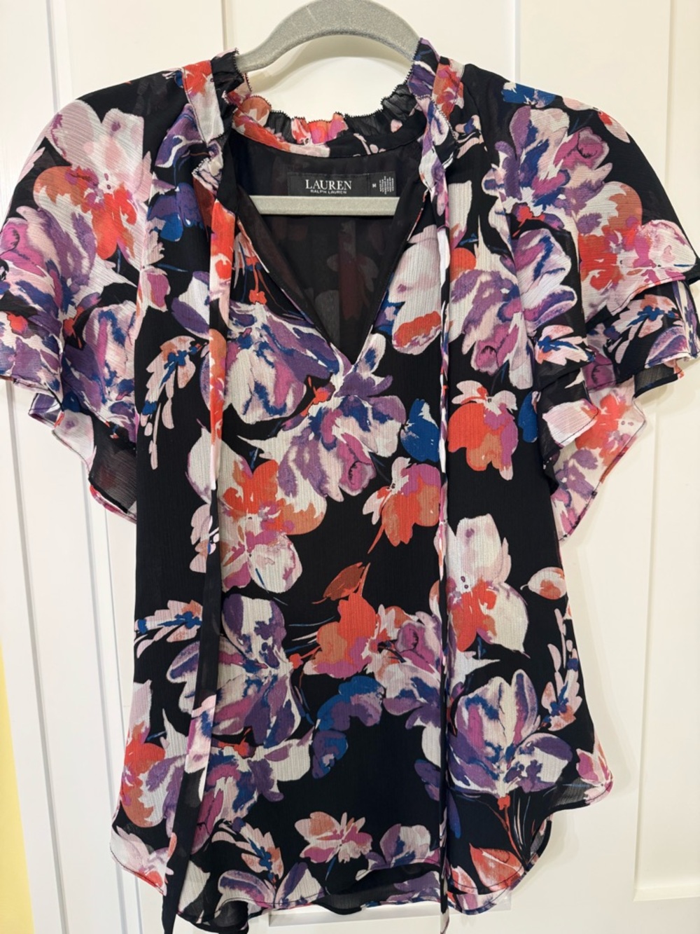 Ralph Lauren Black Floral Tie-Neck Flutter Sleeve Blouse